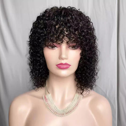 12 Inch Curly Bob Human Hair Wig with Bangs – Black / Light Brown - WigWonders