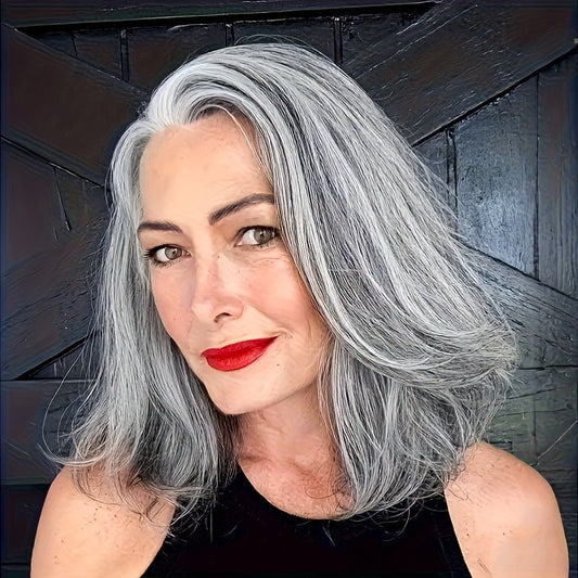 14" Silver Gray Synthetic Wig - Layered Side Part Style - WigWonders