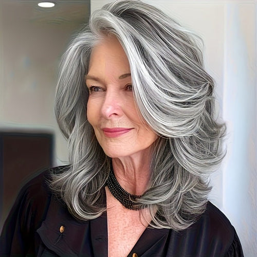 14" Silver Gray Synthetic Wig - Layered Side Part Style - WigWonders
