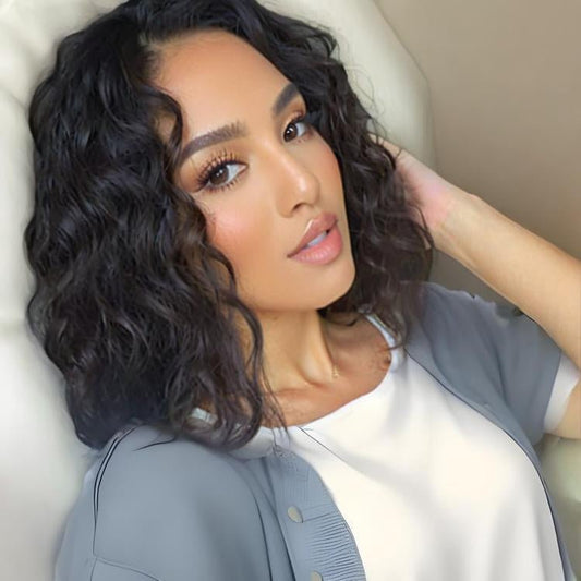 16 Inch Synthetic Short Curly Wig Black Fluffy Wavy Bob Wig for Women - WigWonders