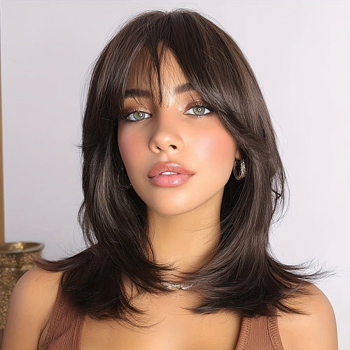 18" Layered Straight Synthetic Brown Wig - WigWonders