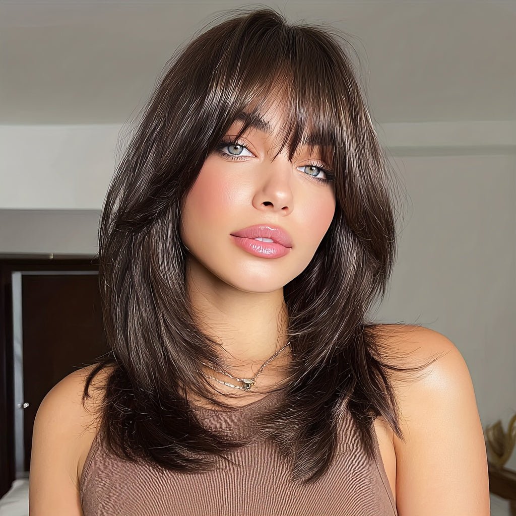 18" Layered Straight Synthetic Brown Wig - WigWonders