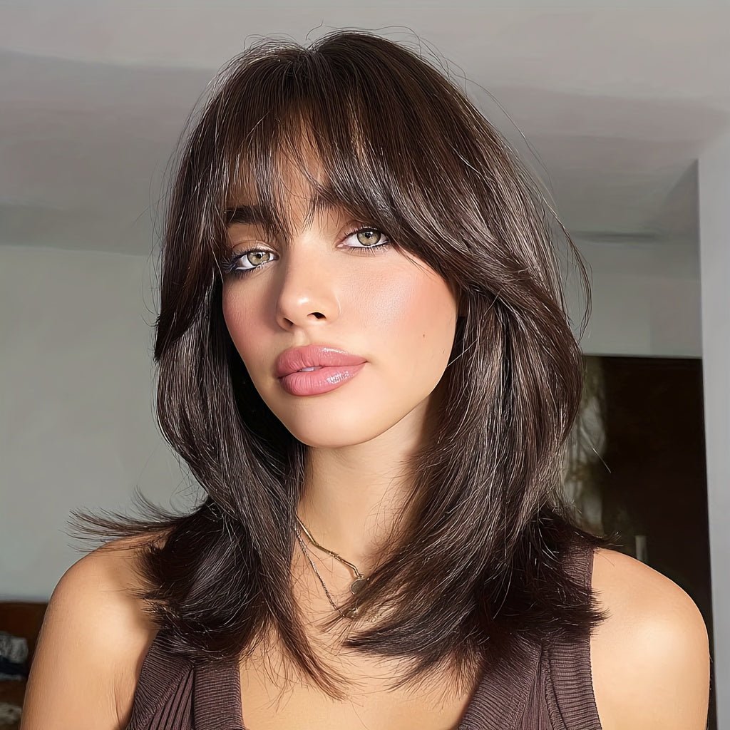 18" Layered Straight Synthetic Brown Wig - WigWonders