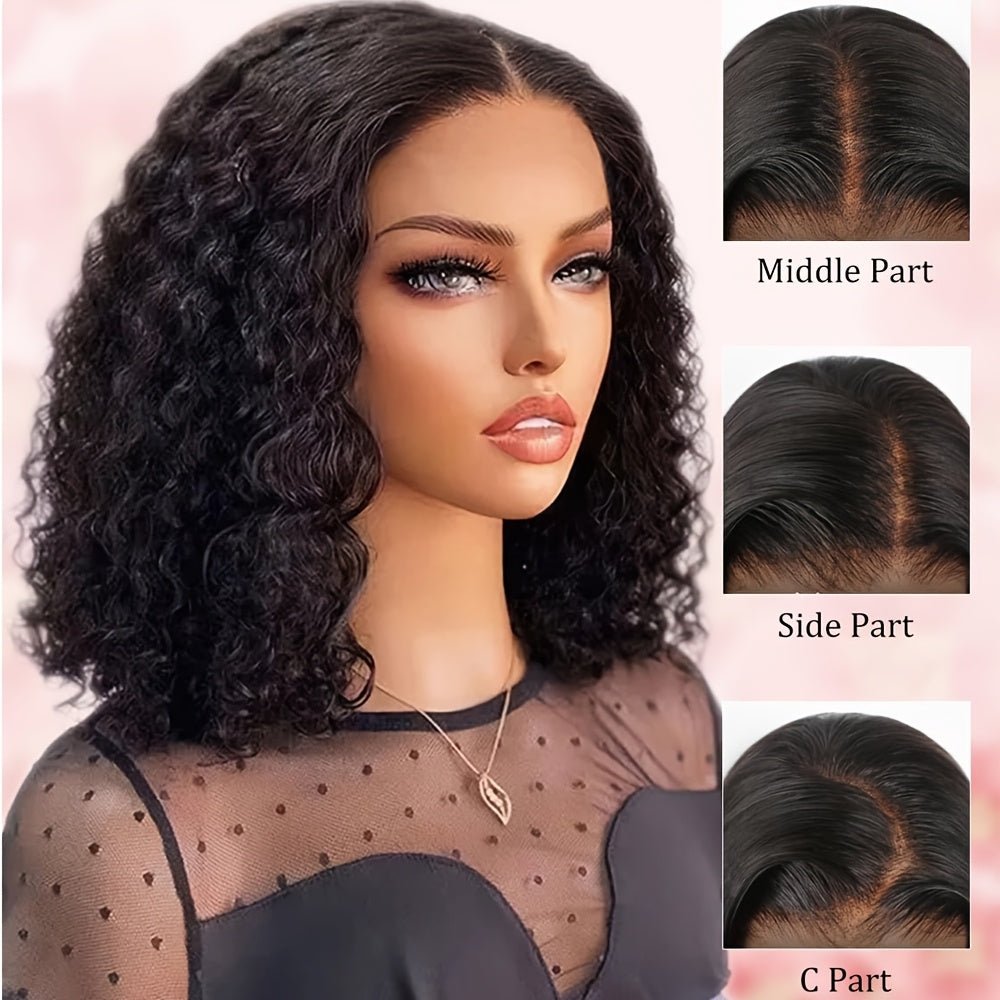 180% Density Glueless Curly Bob Wig Human Hair Pre Plucked Natural Black - WigWonders