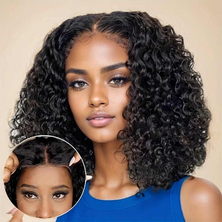 180% Density Glueless Curly Bob Wig Human Hair Pre Plucked Natural Black - WigWonders