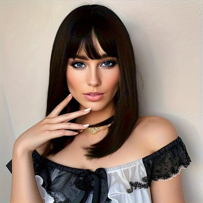18in High - Temp Synthetic Mid - Length Wig with Air Bangs — Black, Dark Brown - WigWonders