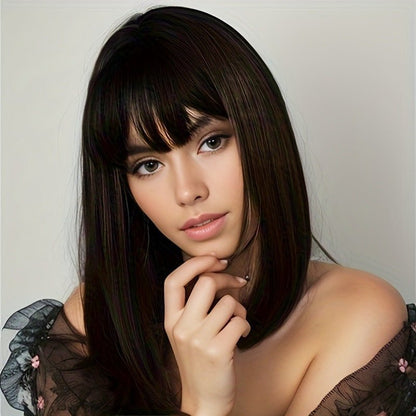 18in High - Temp Synthetic Mid - Length Wig with Air Bangs — Black, Dark Brown - WigWonders