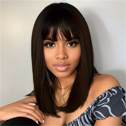 18in High - Temp Synthetic Mid - Length Wig with Air Bangs — Black, Dark Brown - WigWonders