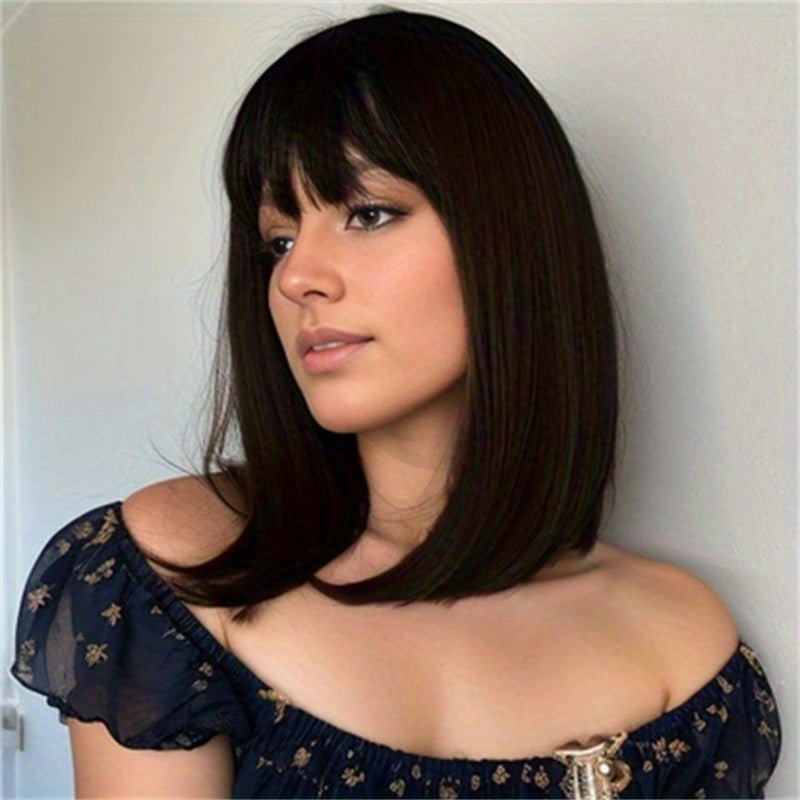 18in High - Temp Synthetic Mid - Length Wig with Air Bangs — Black, Dark Brown - WigWonders