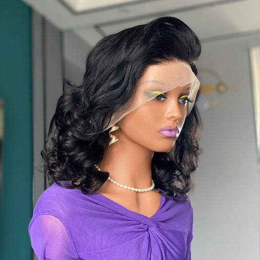 200 Density Bouncy Curl Lace Front Human Hair Wig - 16" Natural Black - WigWonders