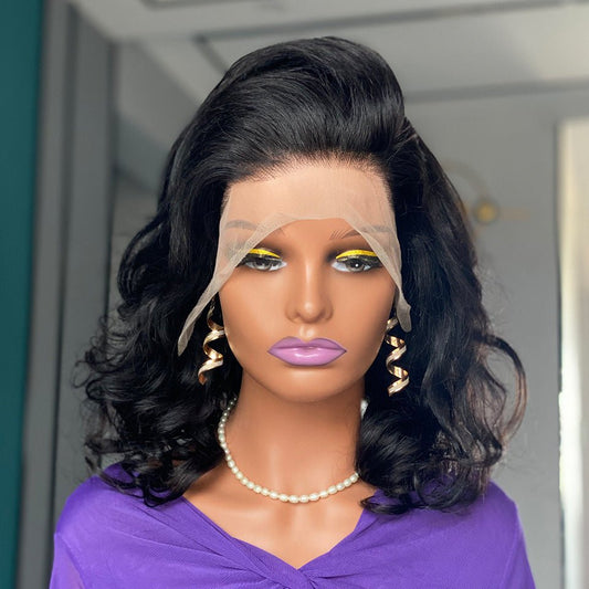 200 Density Bouncy Curl Lace Front Human Hair Wig - 16" Natural Black - WigWonders