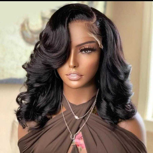 200 Density Bouncy Curl Lace Front Human Hair Wig - 16" Natural Black - WigWonders