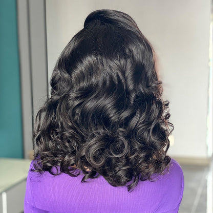 200 Density Bouncy Curl Lace Front Human Hair Wig - 16" Natural Black - WigWonders