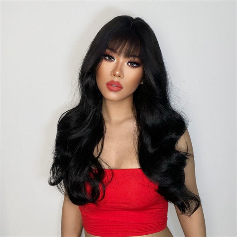 25.6in High - Temp Synthetic Long Wavy Wig with Air Bangs - Black - WigWonders