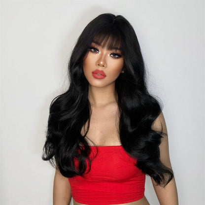 25.6in High - Temp Synthetic Long Wavy Wig with Air Bangs - Black - WigWonders