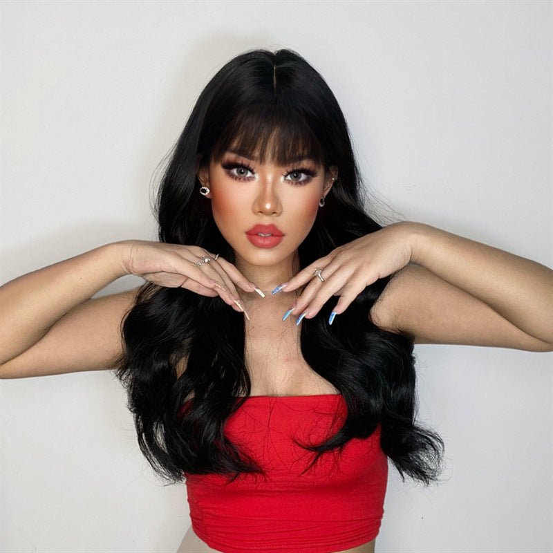 25.6in High - Temp Synthetic Long Wavy Wig with Air Bangs - Black - WigWonders