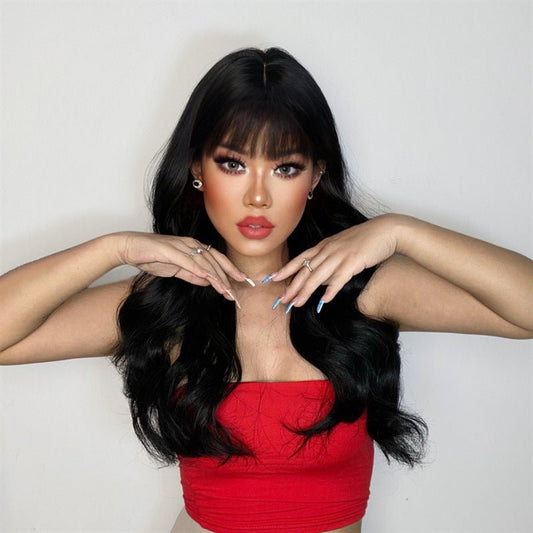 25.6in High - Temp Synthetic Long Wavy Wig with Air Bangs - Black - WigWonders