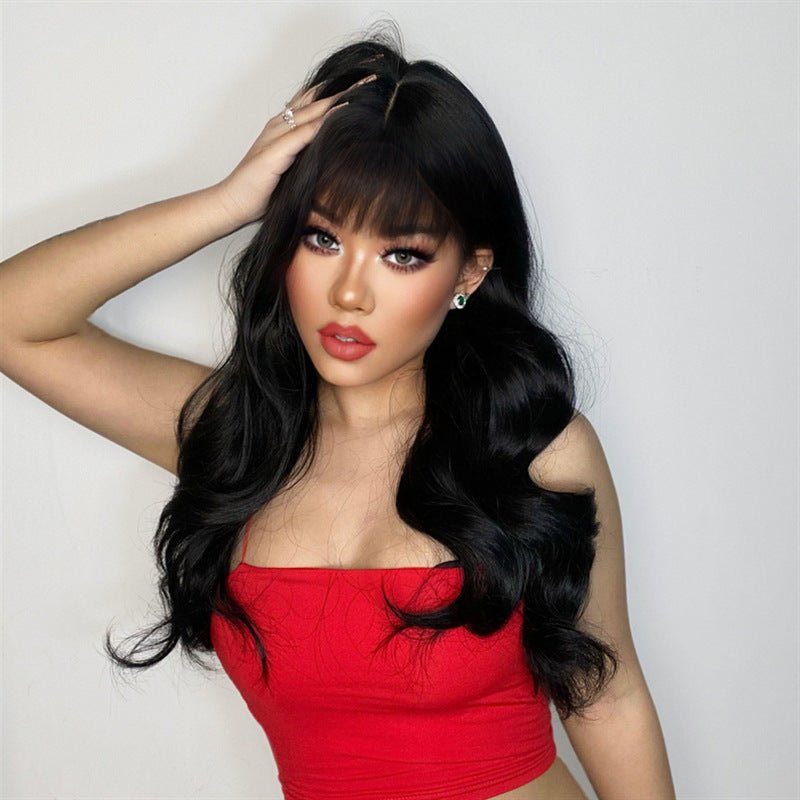 25.6in High - Temp Synthetic Long Wavy Wig with Air Bangs - Black - WigWonders