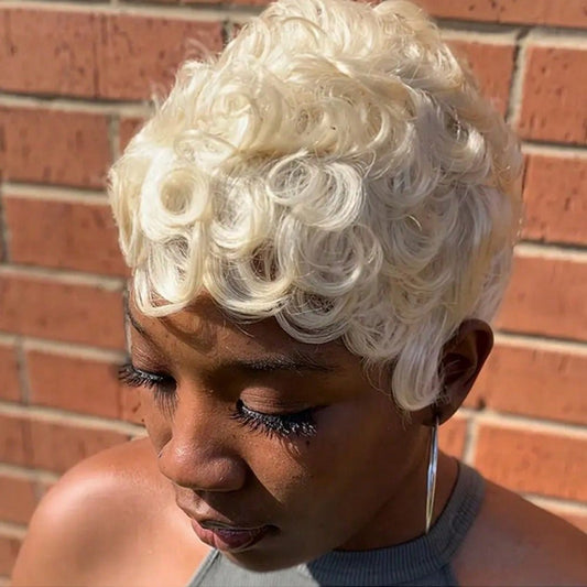 6" Human Hair Pixie Cut Wig - Curly Elf Short Bob - WigWonders