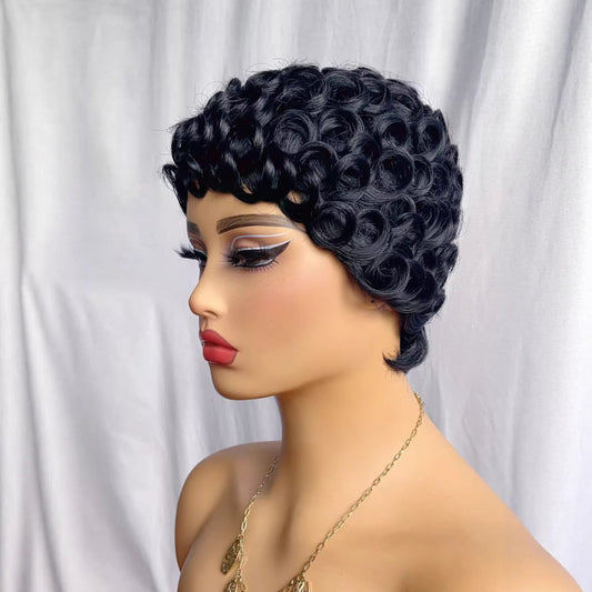 6 - Inch Short Curly Machine - Made Synthetic Wig - Black - WigWonders