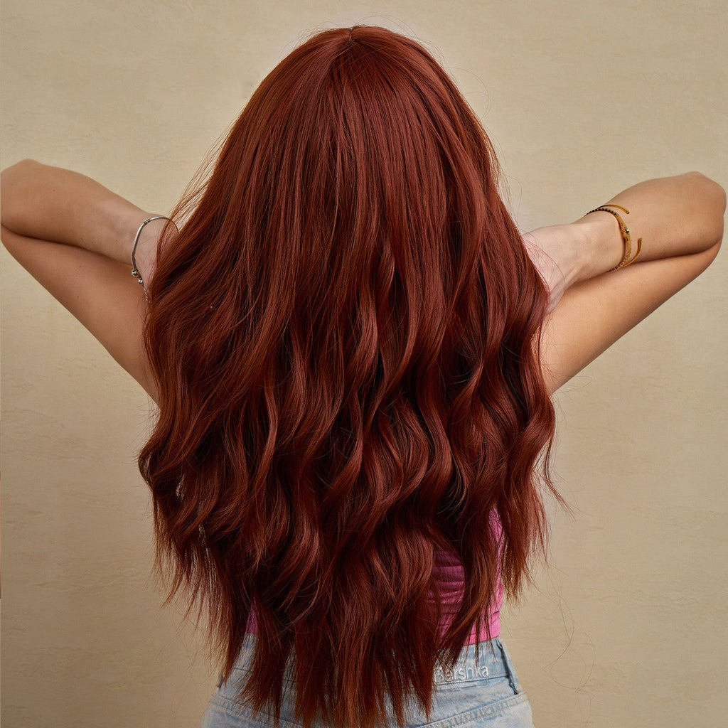 Auburn Red Mid - Length Synthetic Wig with Straight Bangs - Natural Texture - WigWonders