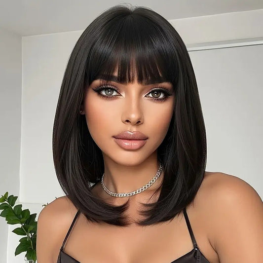 Blunt Bangs Straight Bob Human Hair Wig - Black - WigWonders