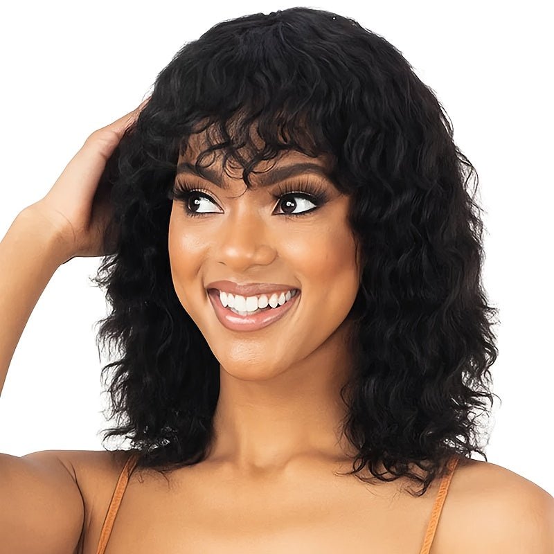 Glamorous 14" Human Hair Curly Wave Wig with Bangs - WigWonders