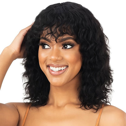 Glamorous 14" Human Hair Curly Wave Wig with Bangs - WigWonders