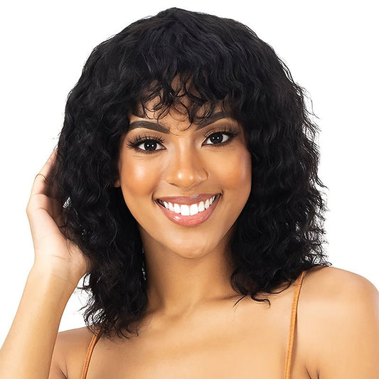 Glamorous 14" Human Hair Curly Wave Wig with Bangs - WigWonders