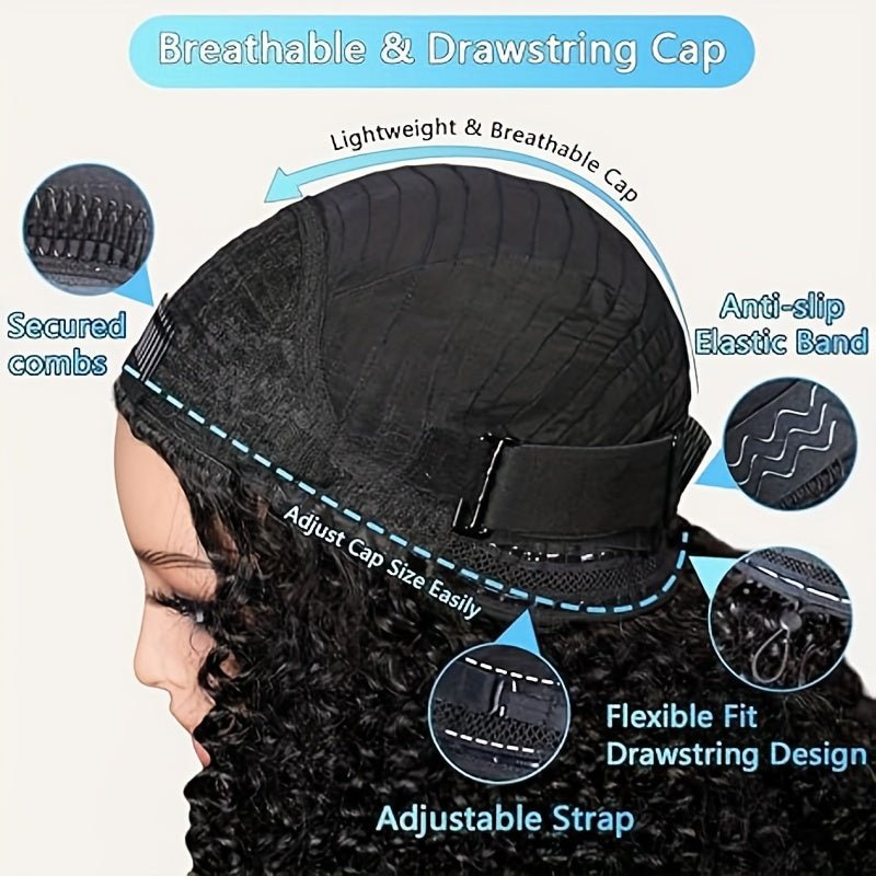 Glueless Human Hair 3 - in - 1 Jerry Curl Half Wig 200% Density Black - WigWonders