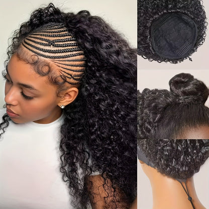 Glueless Human Hair 3 - in - 1 Jerry Curl Half Wig 200% Density Black - WigWonders