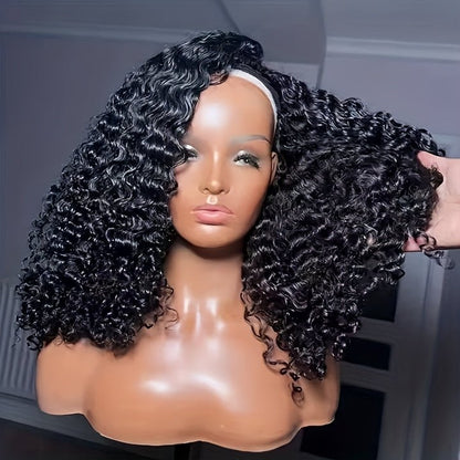 Glueless Human Hair 3 - in - 1 Jerry Curl Half Wig 200% Density Black - WigWonders