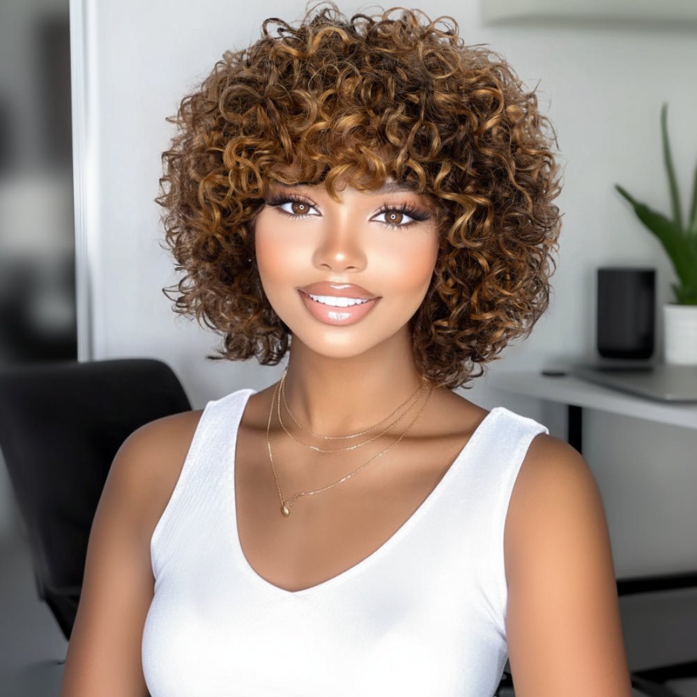 Highlighted Jerry Curl Bob Human Hair Wig - Glueless - WigWonders