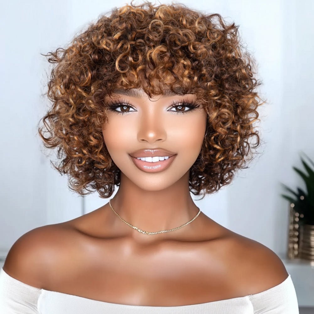 Highlighted Jerry Curl Bob Human Hair Wig - Glueless - WigWonders