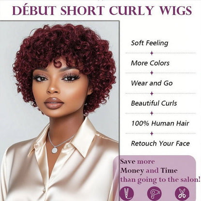 Human Hair Curly Wig with Bangs Glueless Kinky Curly Bob Wig for Women - WigWonders