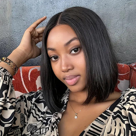Human Hair Lace Front Bob Wig Straight Black 8" - 14" - WigWonders