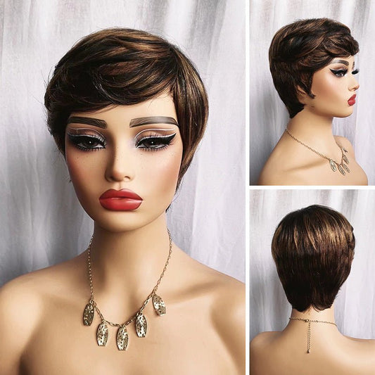 Human Hair Short Straight Pixie Wig 5in - T1B/30 NC F1B/30 - WigWonders