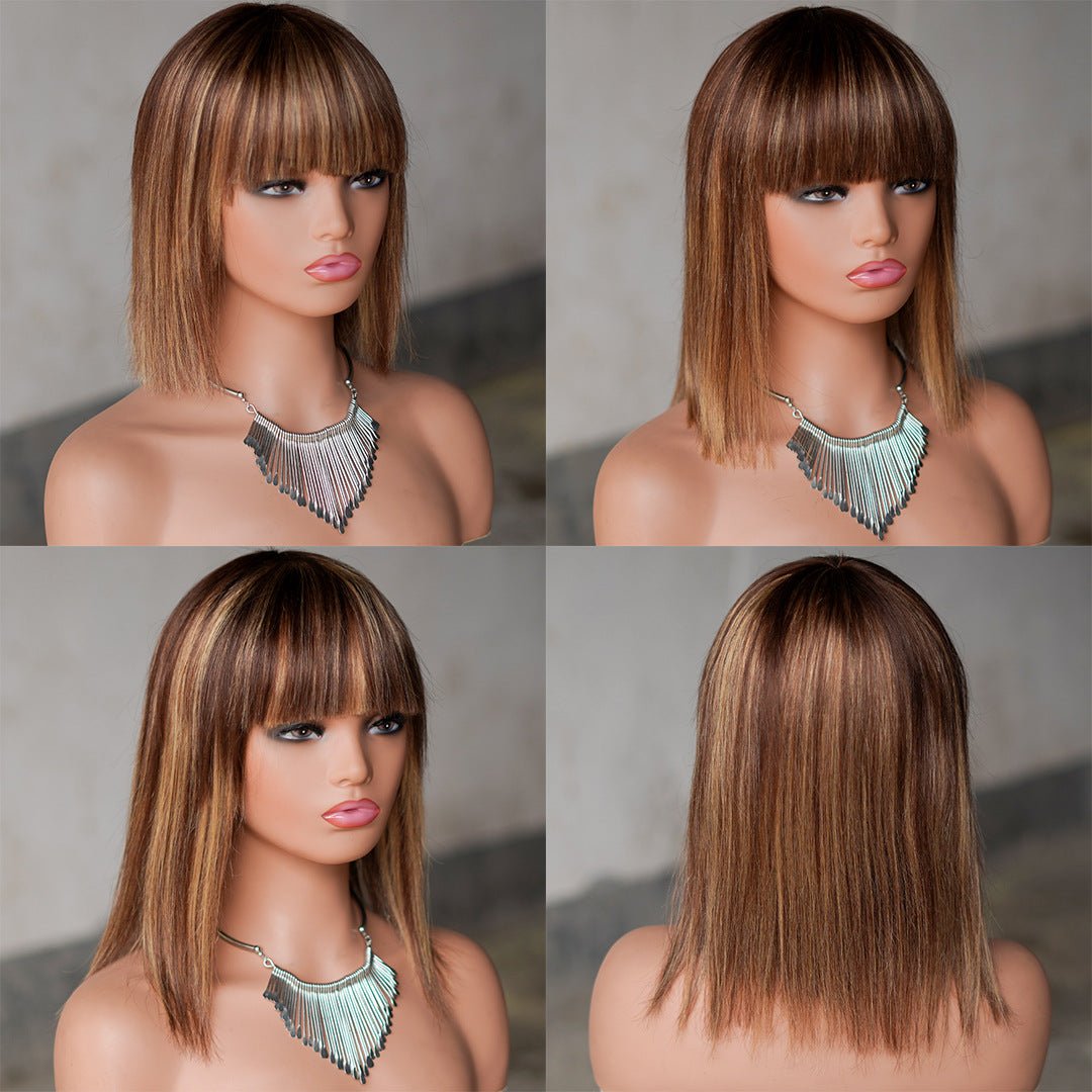 Human Hair Straight Bob Wig with Bangs Piano Color 8 - 14" - WigWonders