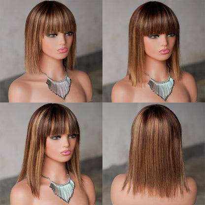 Human Hair Straight Bob Wig with Bangs Piano Color 8 - 14" - WigWonders