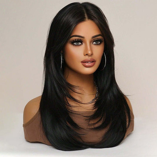 Layered Long Wavy Black Synthetic Wig with Bangs - WigWonders