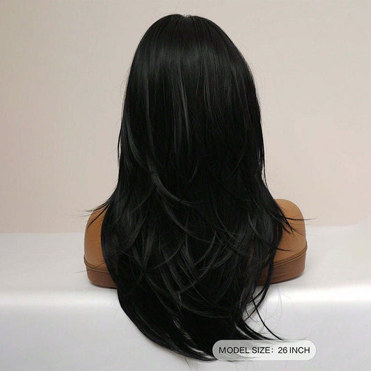 Layered Long Wavy Black Synthetic Wig with Bangs - WigWonders