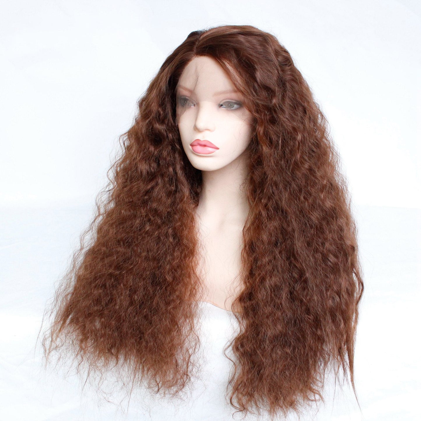 Long Kinky Curly Brown Synthetic Lace Front Wig - Heat Resistant - WigWonders