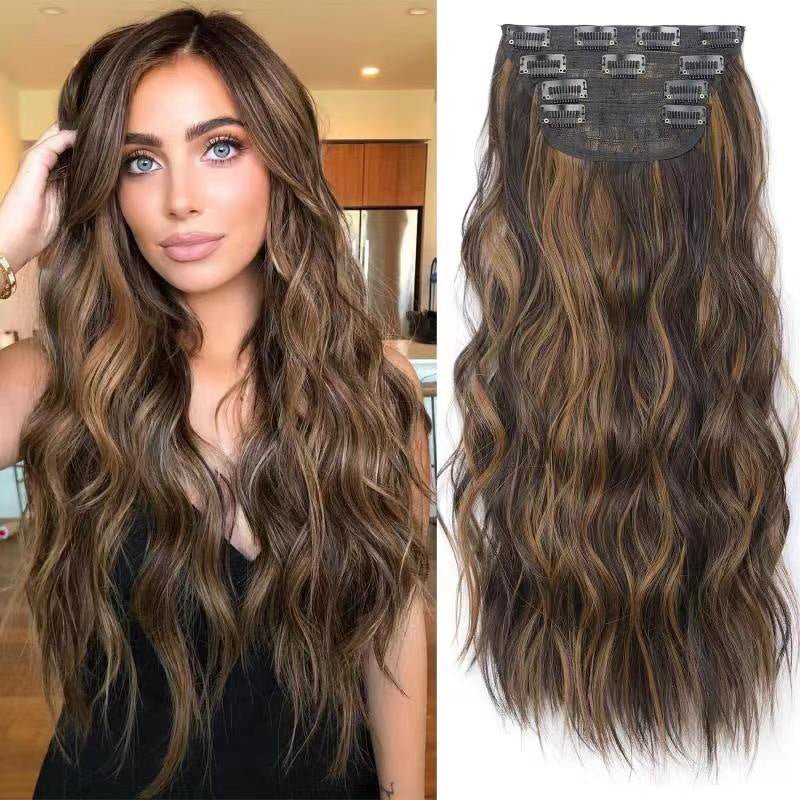 Long Wavy Middle Part Clip - In Synthetic Hair Extension – Brown Black with Light Brown Highlights - WigWonders