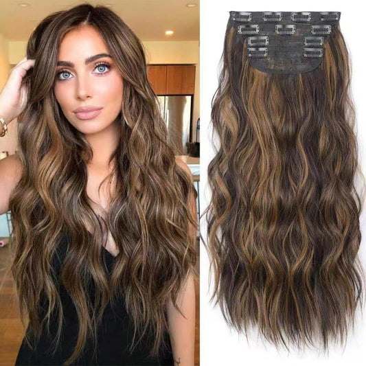 Long Wavy Middle Part Clip - In Synthetic Hair Extension – Brown Black with Light Brown Highlights - WigWonders