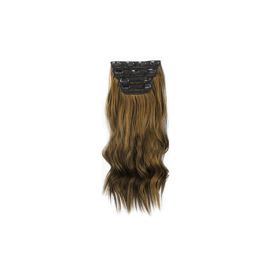 Long Wavy Middle Part Clip - In Synthetic Hair Extension – Brown Black with Light Brown Highlights - WigWonders