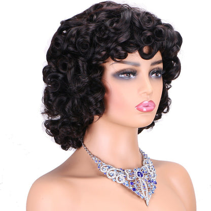 Machine Made Loose Wave Human Hair Wig - Natural Black 10" - WigWonders