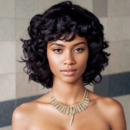 Machine Made Loose Wave Human Hair Wig - Natural Black 10" - WigWonders