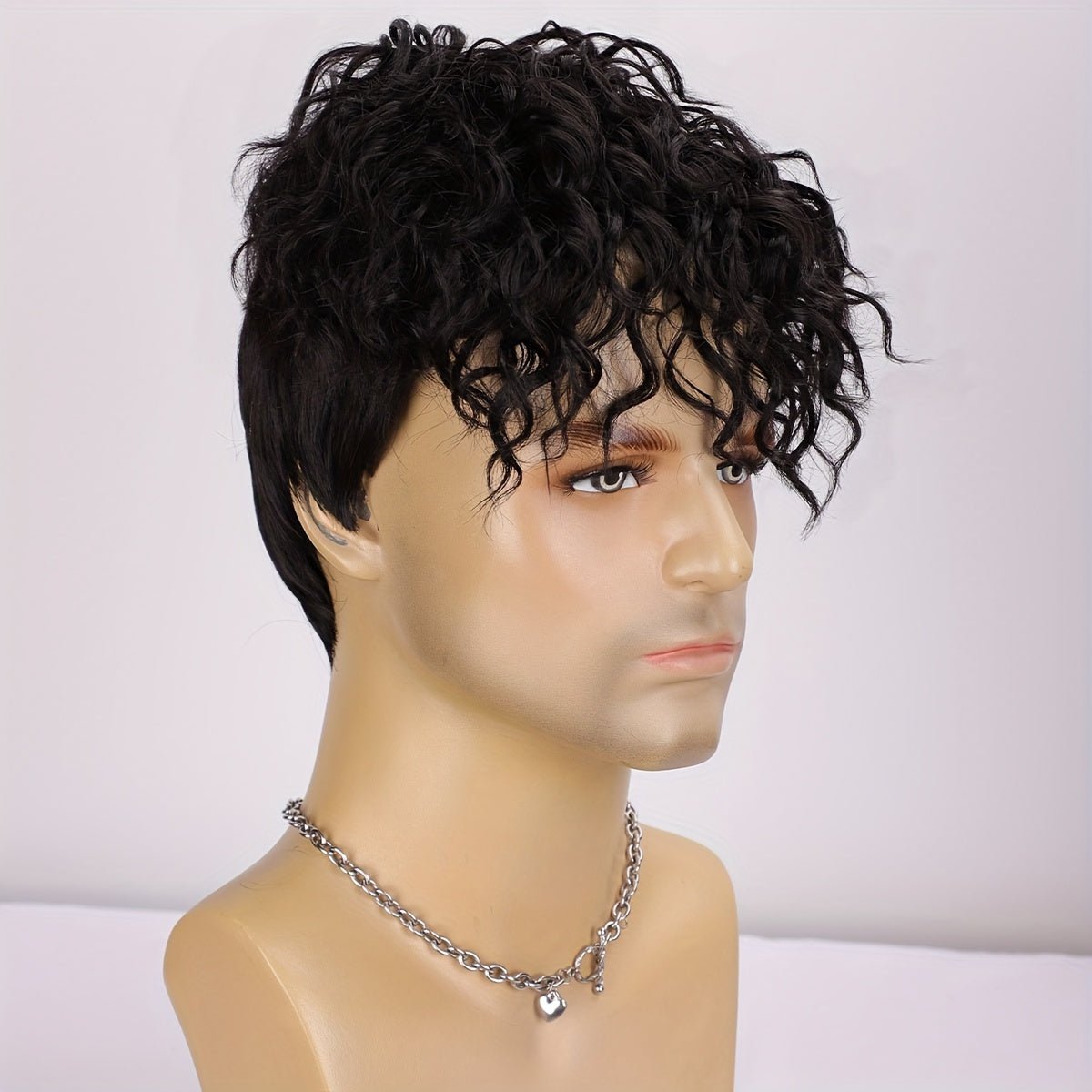 Men's 8" Synthetic Curly Wig - Jet Black - WigWonders