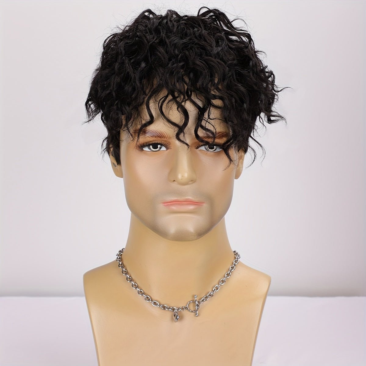 Men's 8" Synthetic Curly Wig - Jet Black - WigWonders