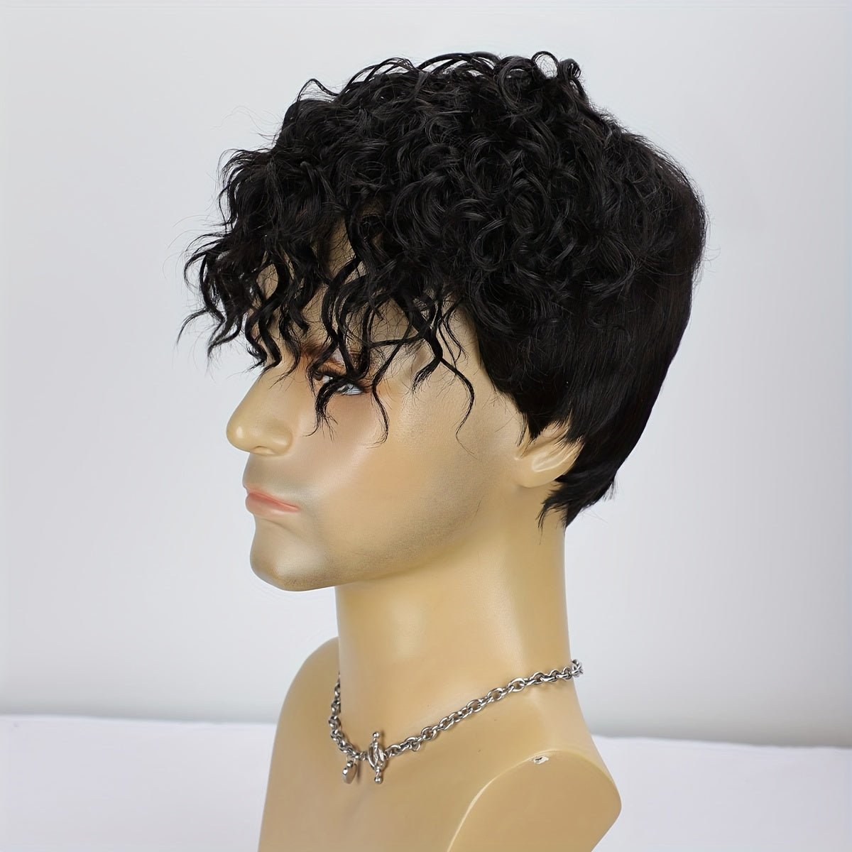 Men's 8" Synthetic Curly Wig - Jet Black - WigWonders